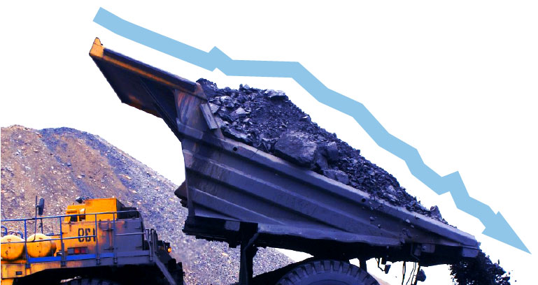 Tipper truck tips coal with downward green arrow showing phasing out coal