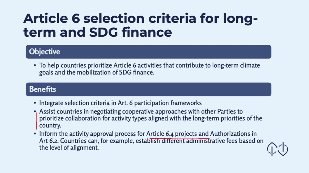 Article 6 selection criteria for long-term and SDG finance